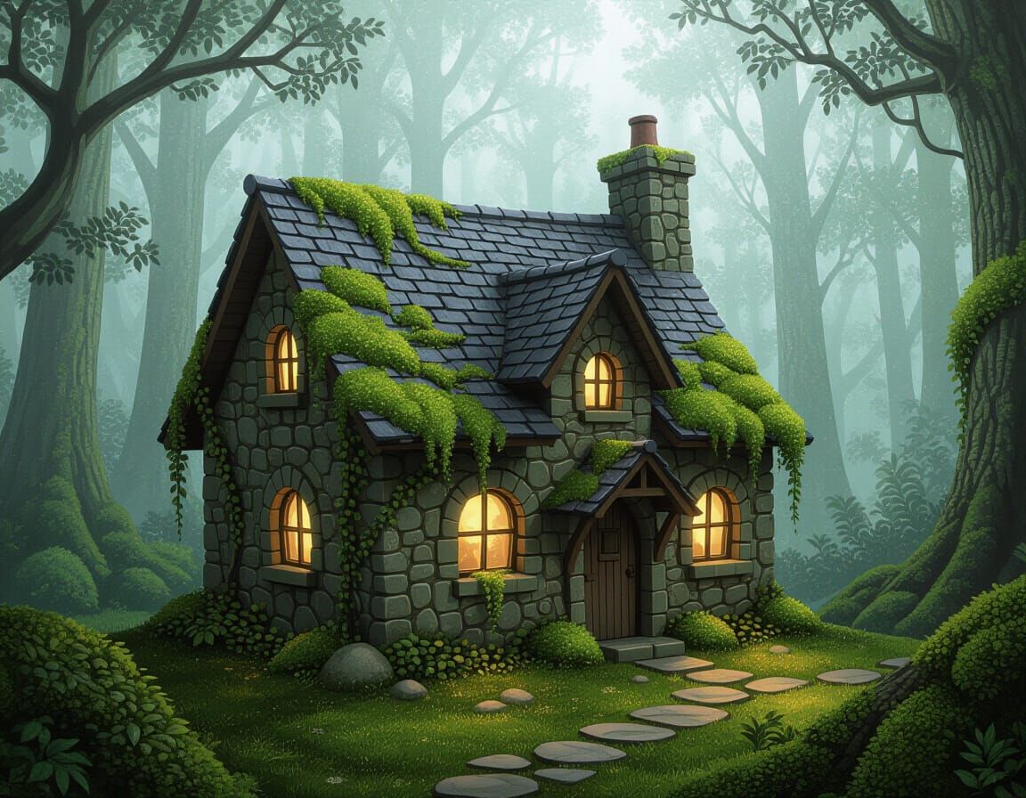 Mystical Moss-Covered Cottage in Misty Forest