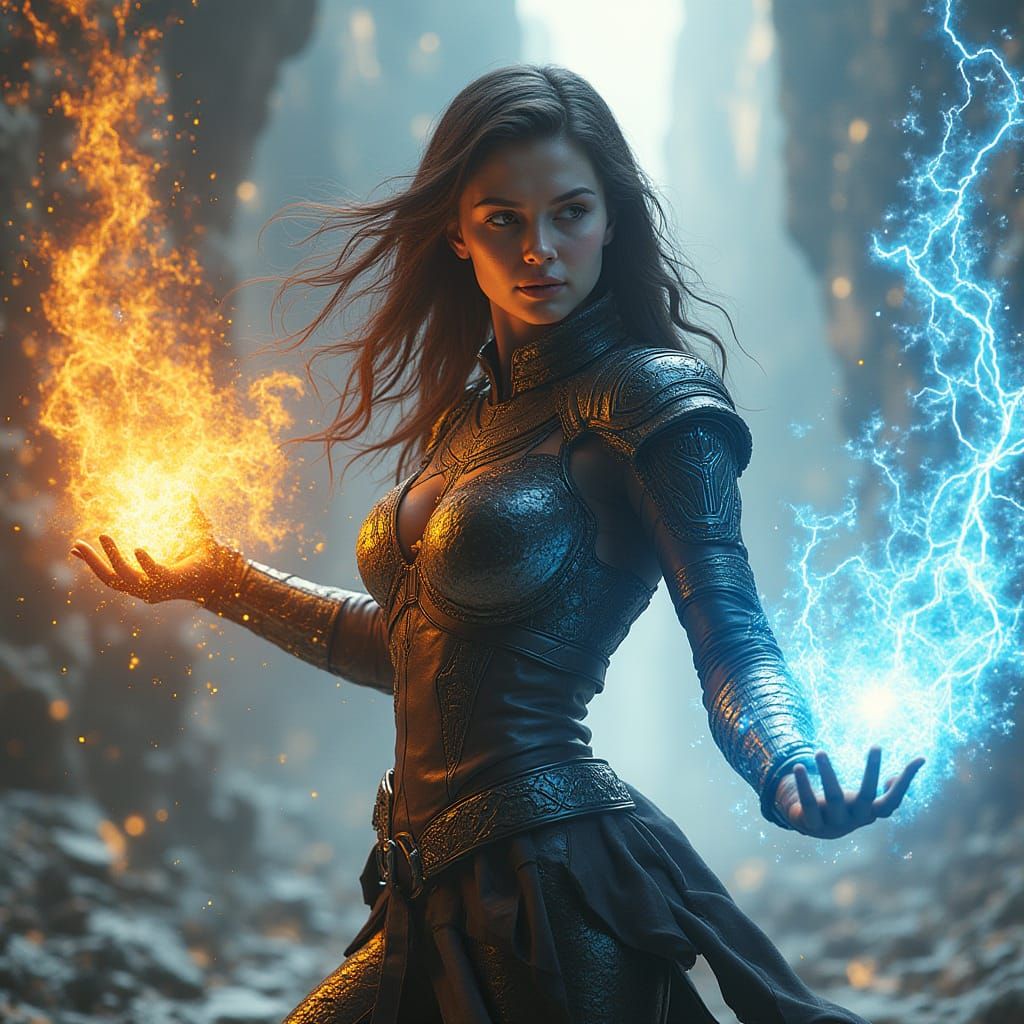 Cyberpunk Warrior Harnesses Elemental Power in Adaptive Armo...