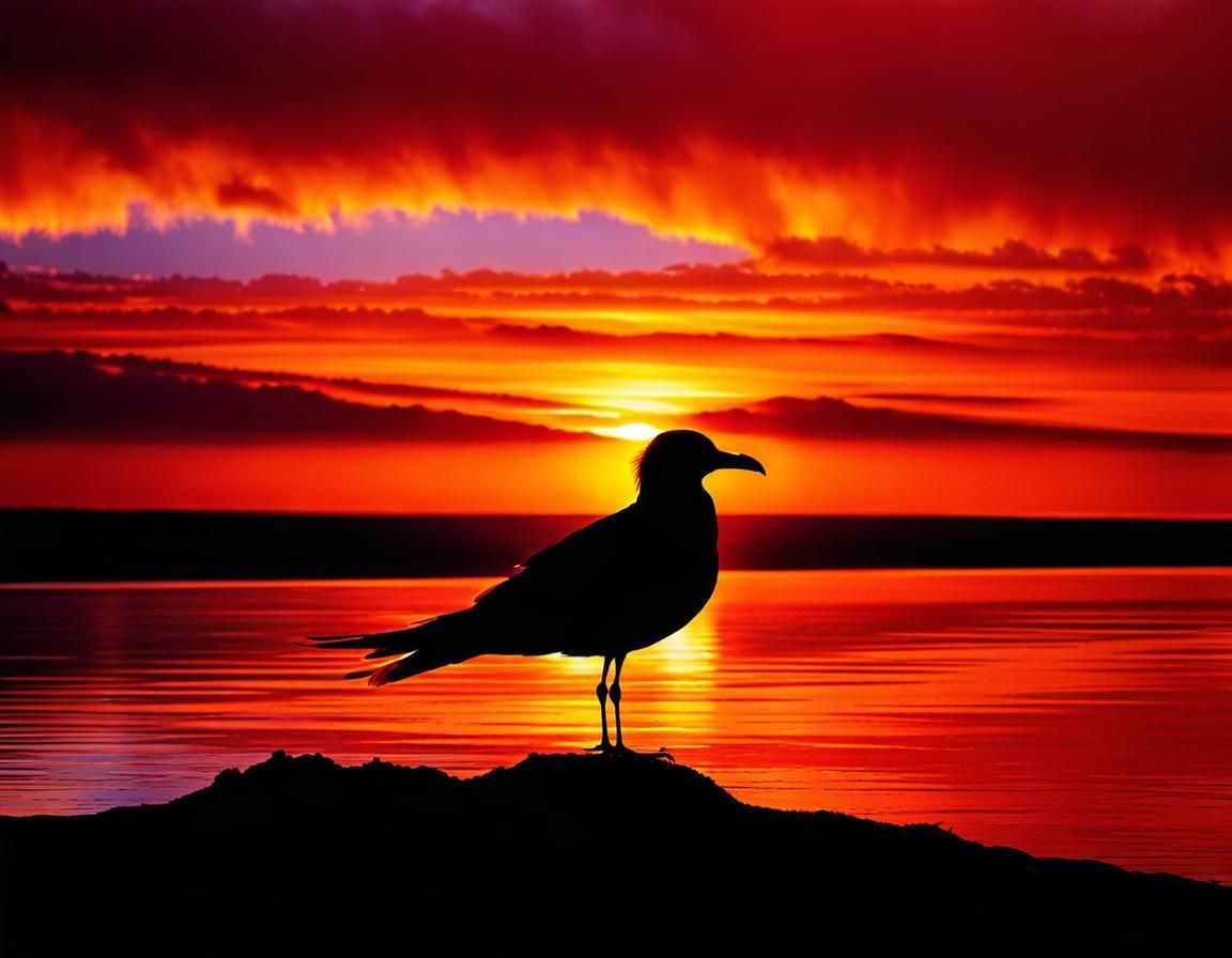 Seagull Silhouette Against Orange Sunset Sky