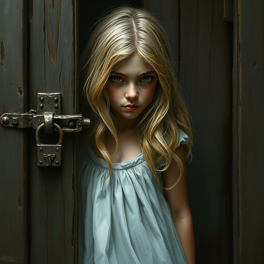 A black and white painting of a young girl with long, wavy blonde hair peeking from behind an old, weathered wooden door...