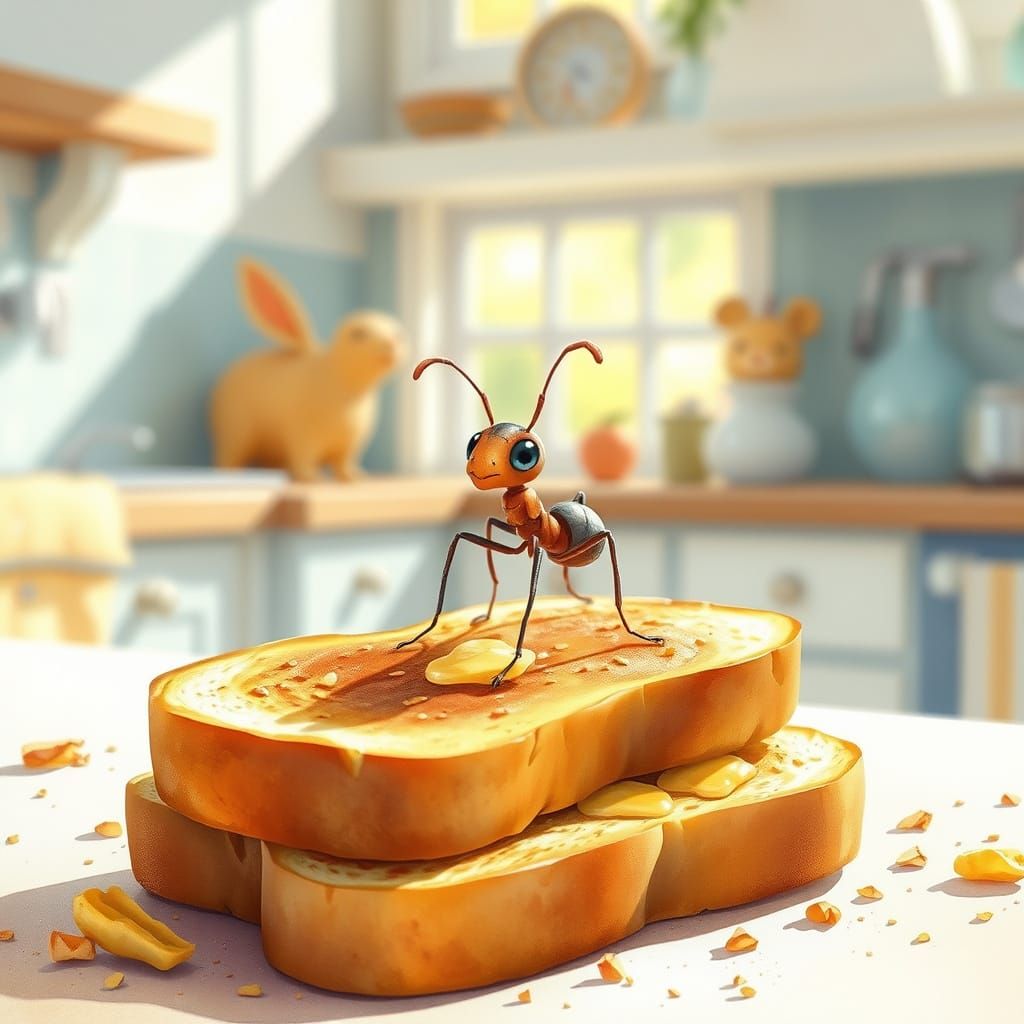 Whimsical Kitchen Scene with Baby Ant on Toast