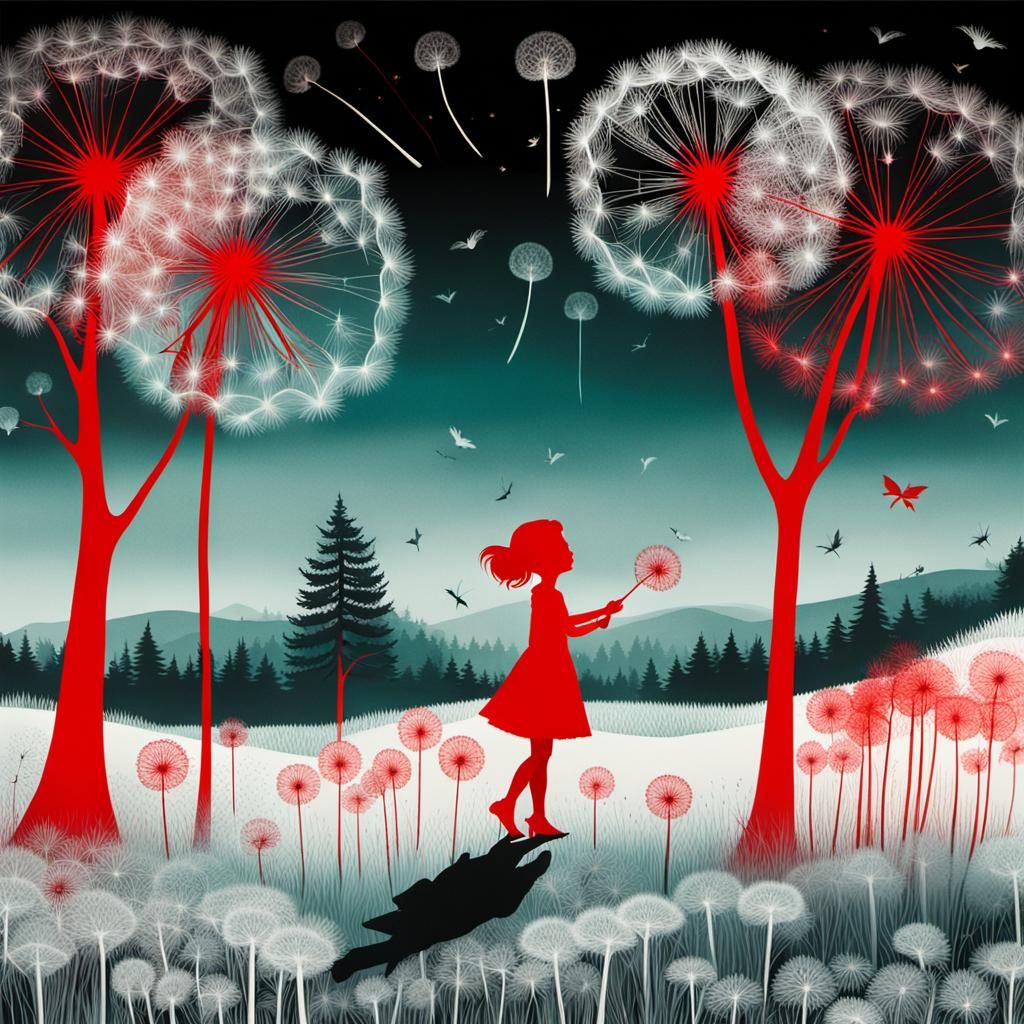 Surreal Landscape with Red Fairy in Early Photographic Style