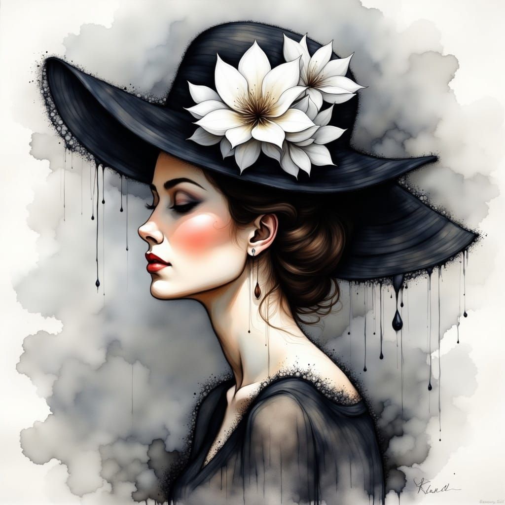 Lady in Elegant Black Attire with White Floral Hat, in the S...