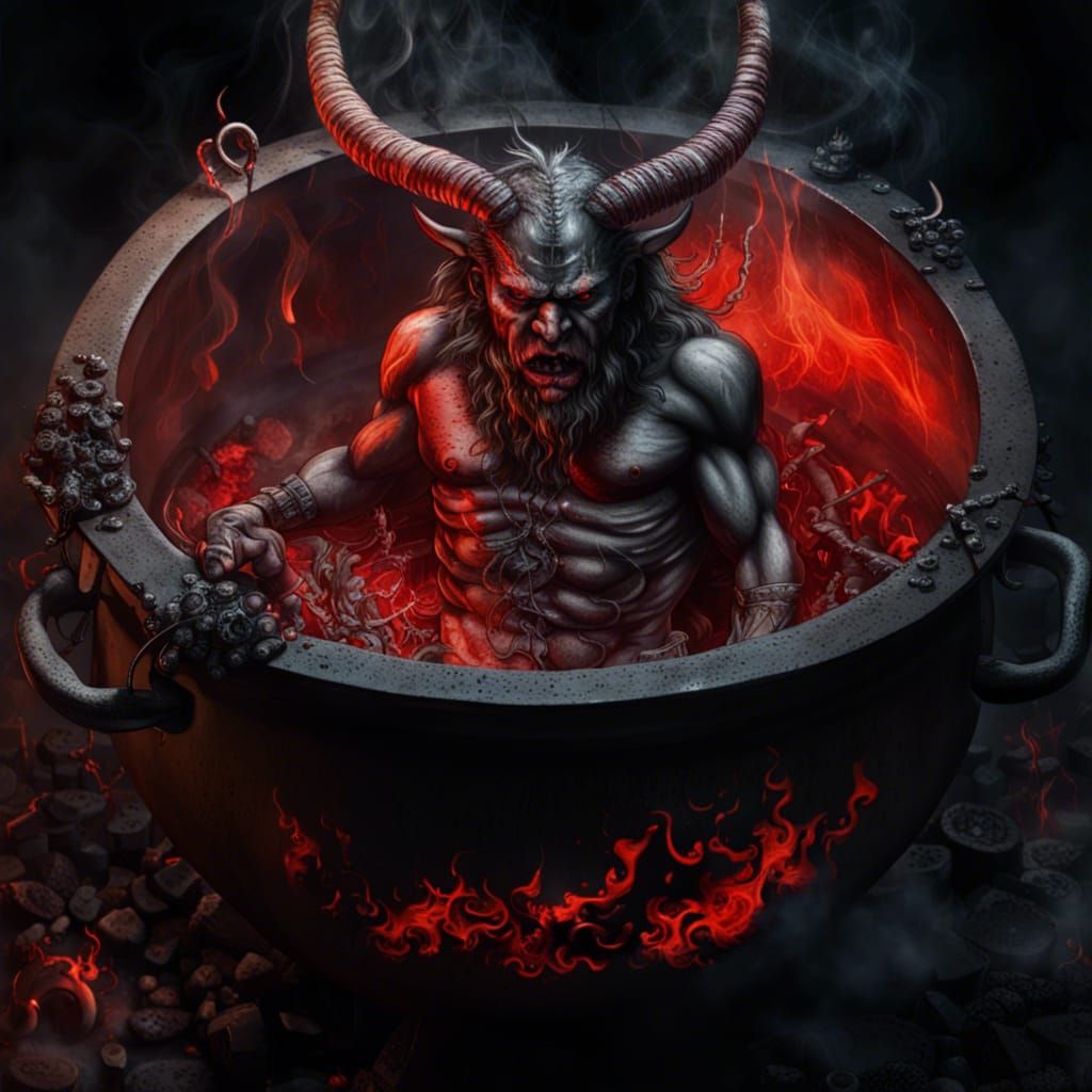 Detailed Demon in Hell Cauldron Scene