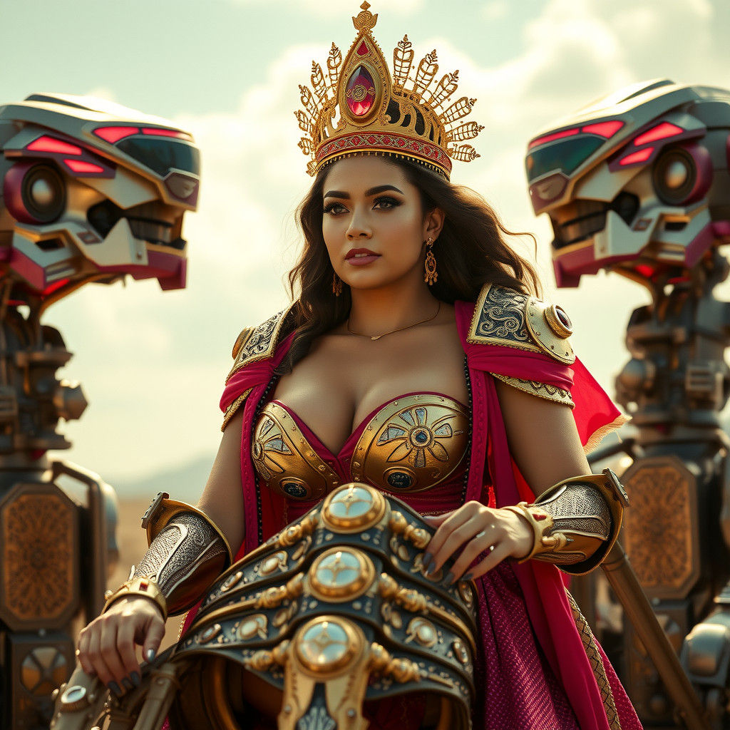 Majestic Woman Rides Mech Chariot in Cyberpunk Style