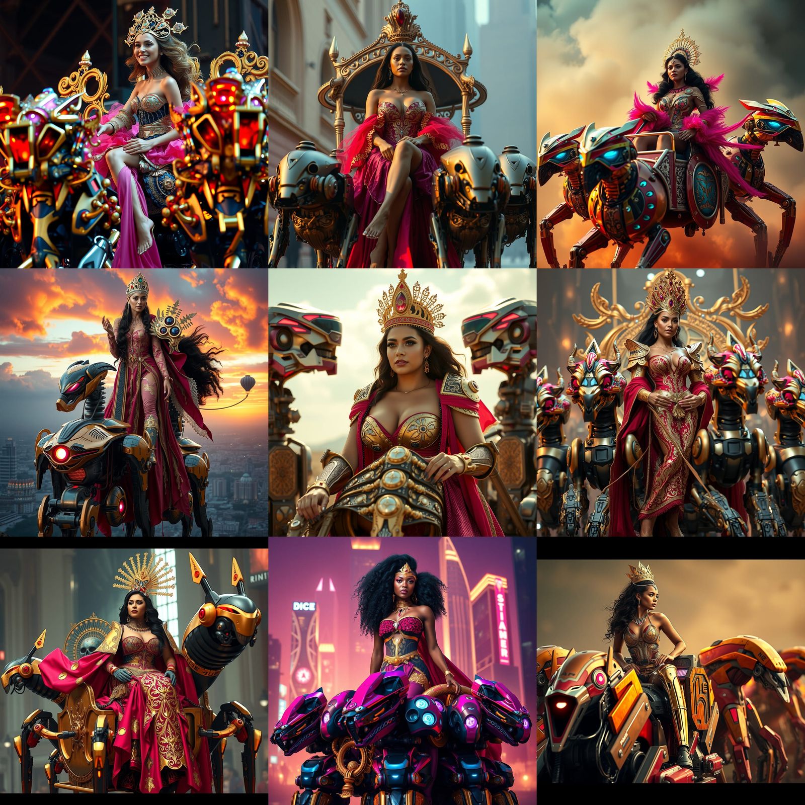 Futuristic Brazilian Queen on Robot-Pulled Chariot