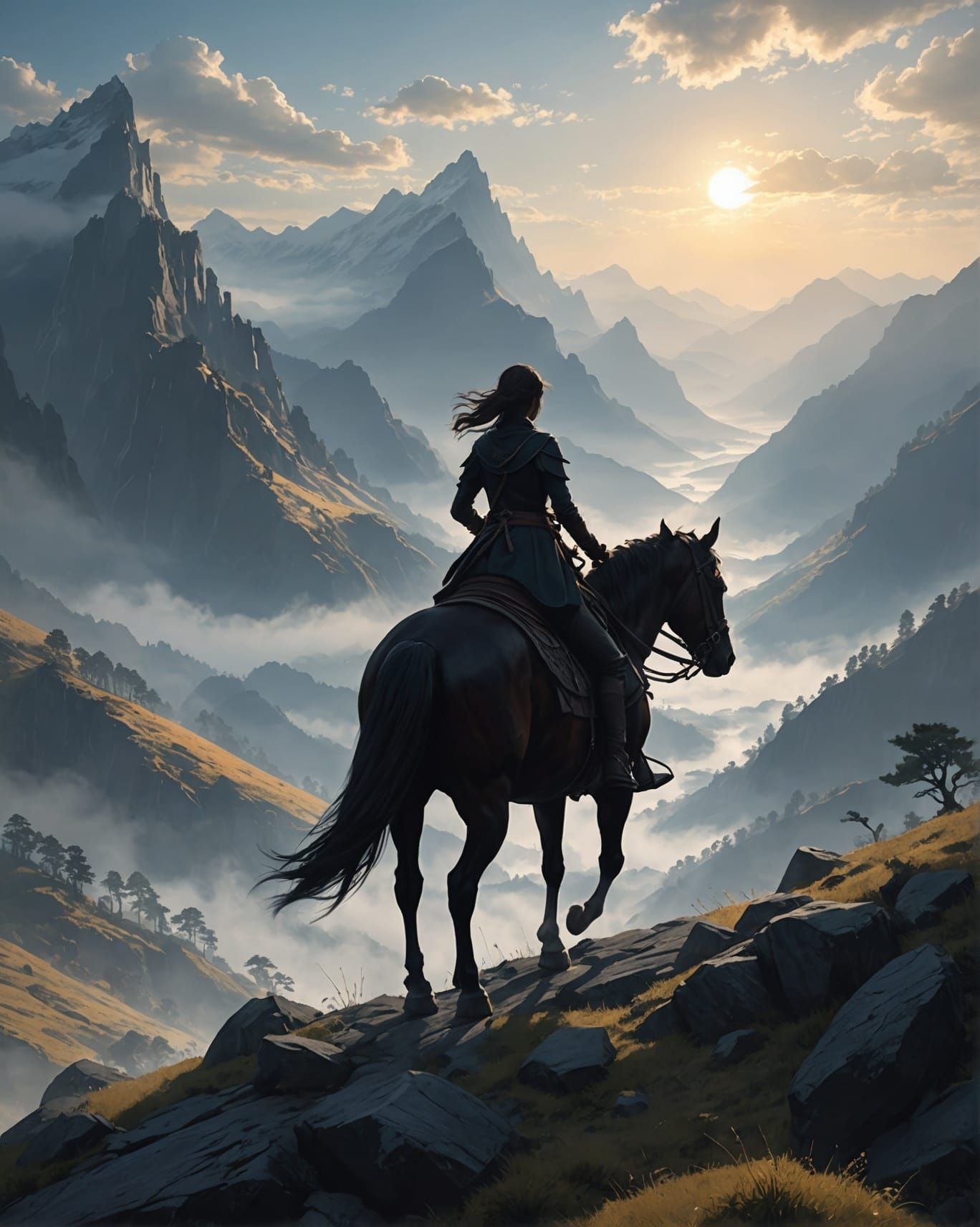 Ethereal Horse Ride Through Misty Mountains: Anime Art