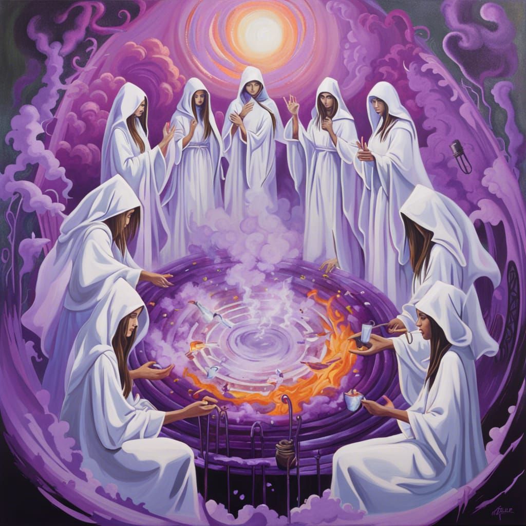A coven of female healers dressed in white robes and in a circle exhibiting beautiful lavender energy emanating from the...