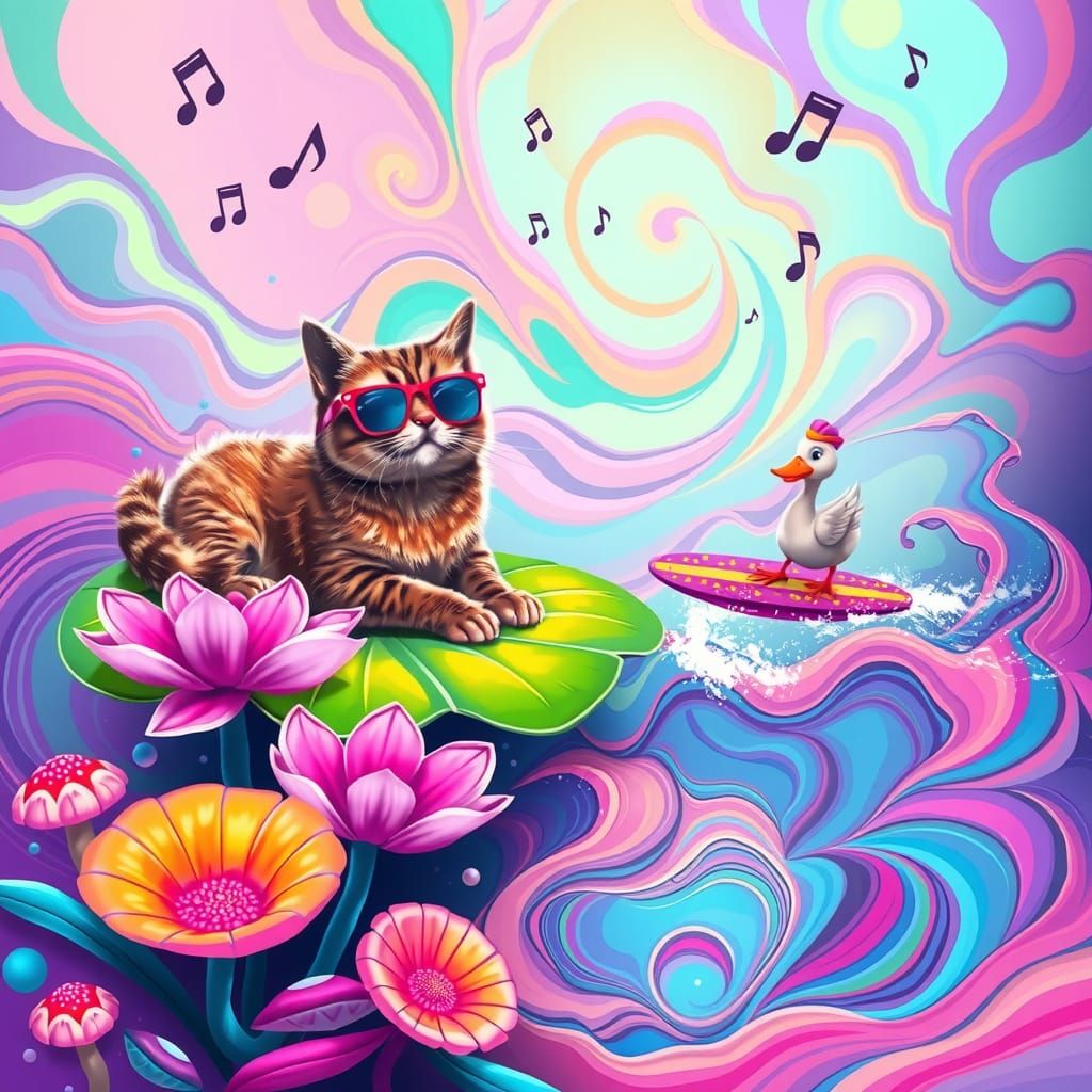 Psychedelic Cat and Duck Ride the Waves