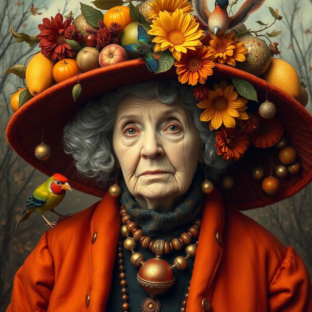 Eccentric Aunt with Extravagant Hat, Surreal Portrait