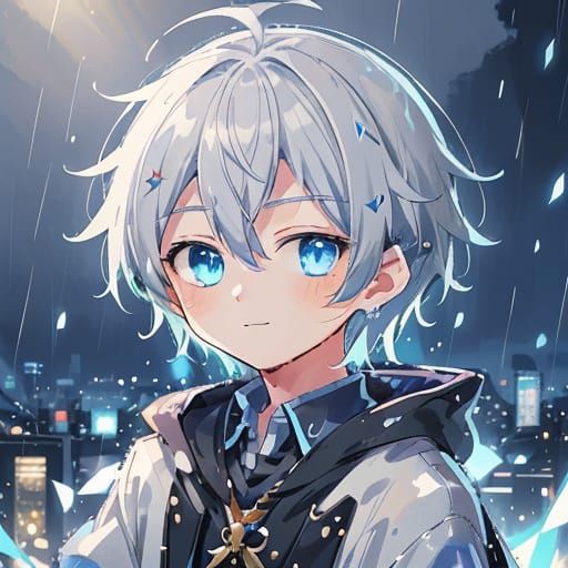 Robotic Boy in Rainy Cyberpunk City: Anime Art