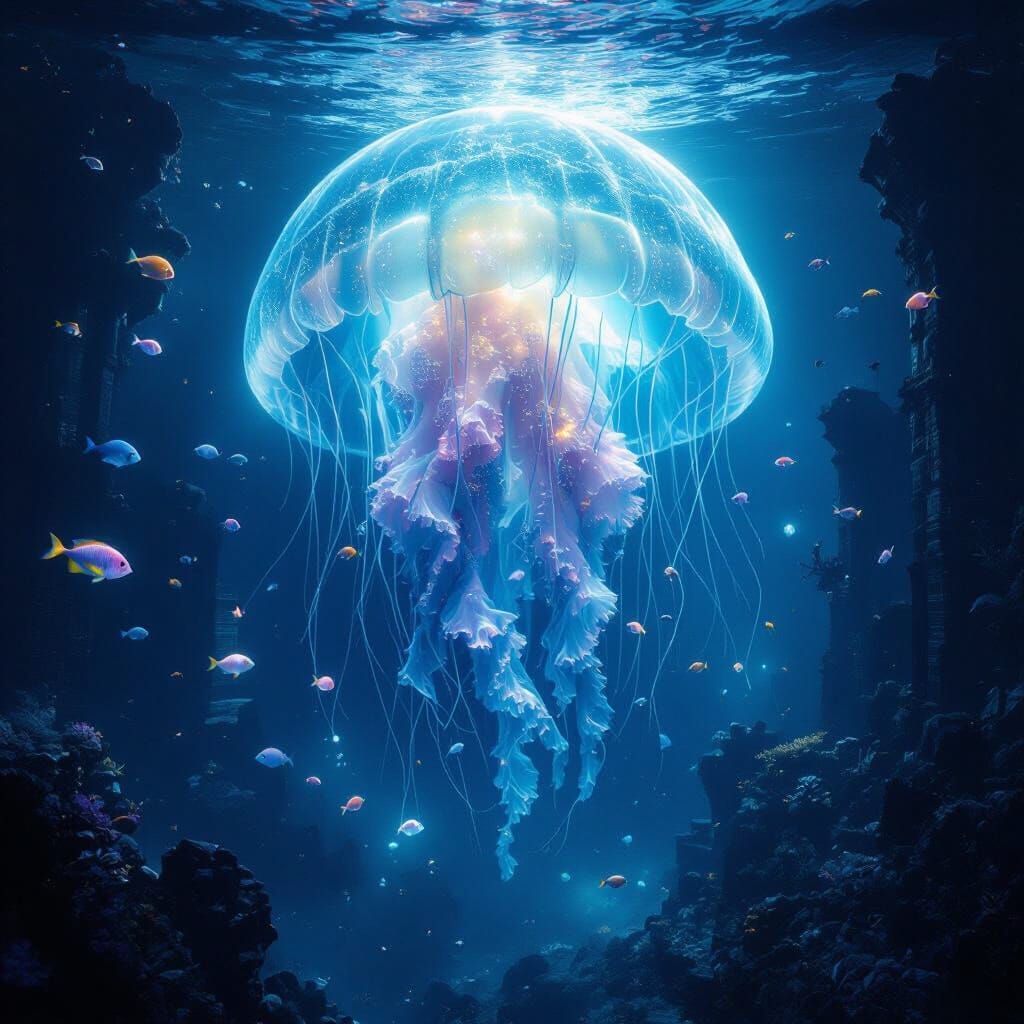 Giant Bioluminescent Jellyfish in Alien Ocean Ruins