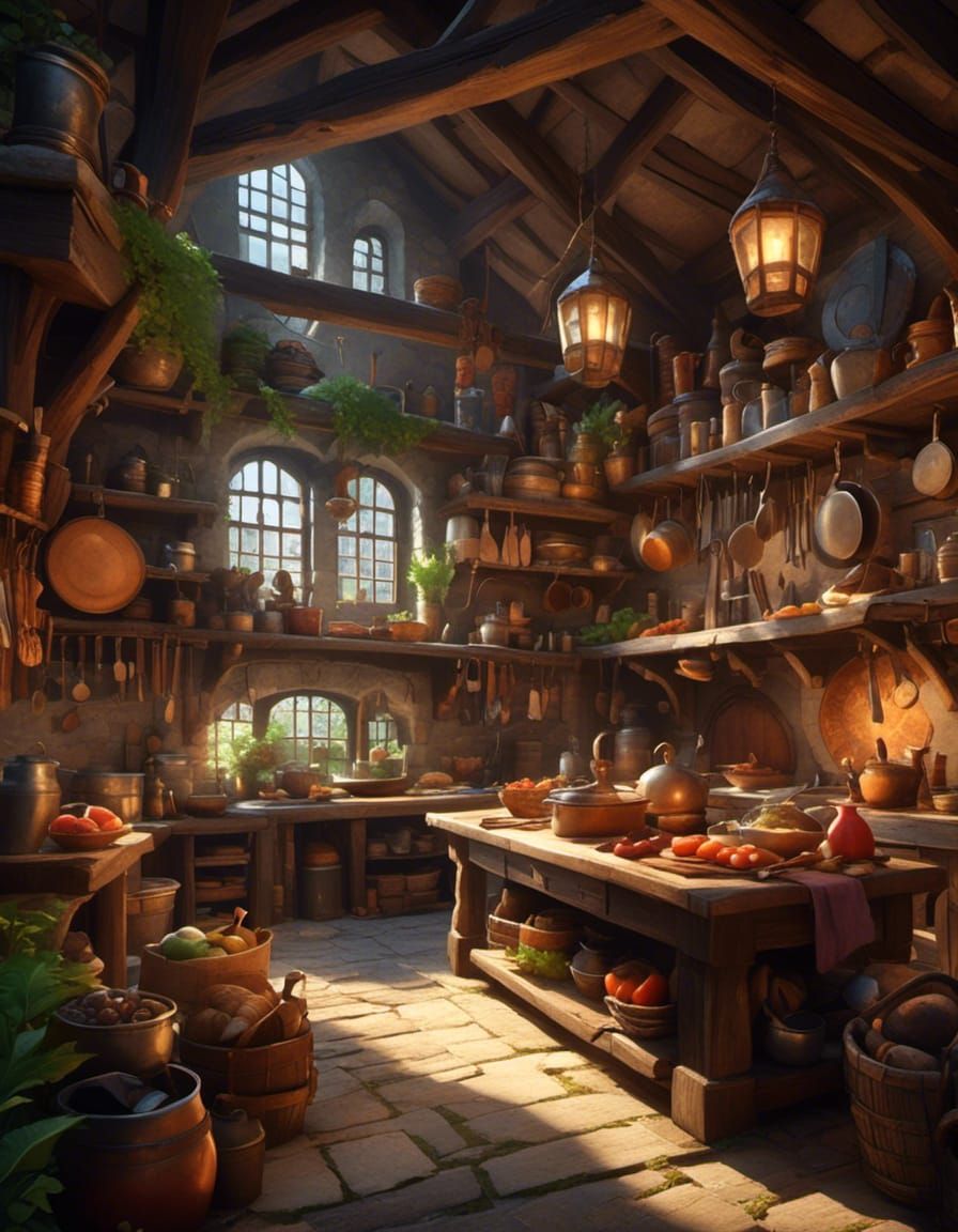 Detailed Medieval Kitchen Interior in a Matte Painting Style