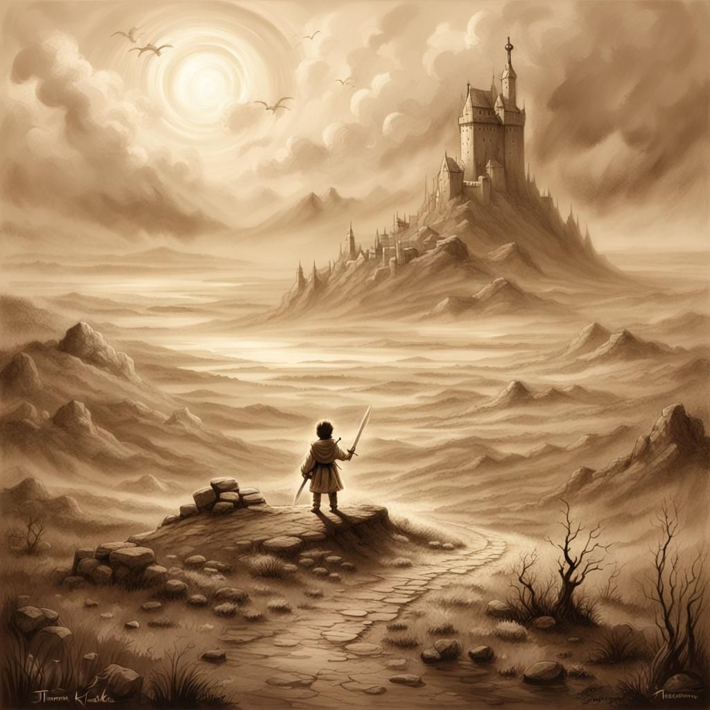 Child Warrior on Barren Moor in Sepia Drawing