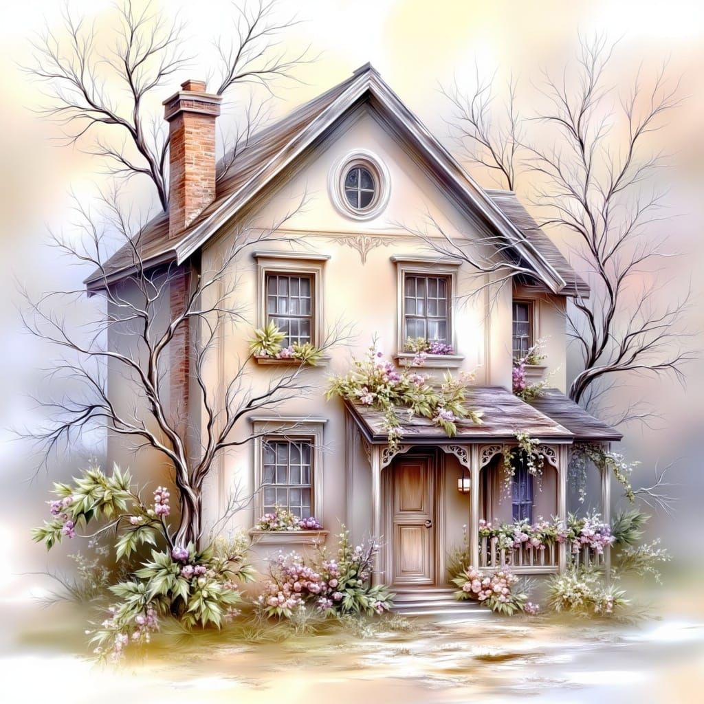 Whimsical Watercolor-Style House Amidst Vibrant Violet Flowe...