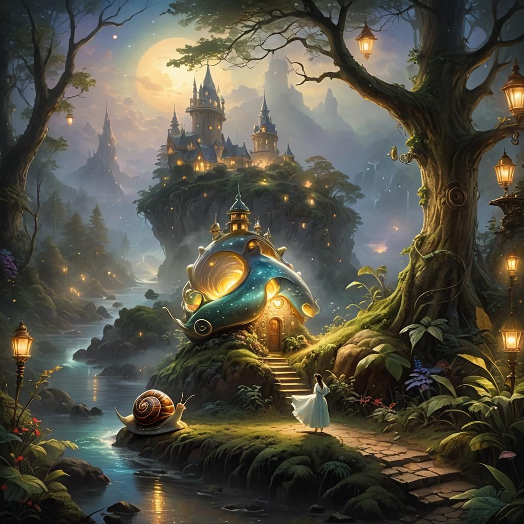 Mystical Giant Snail and Forest Woman