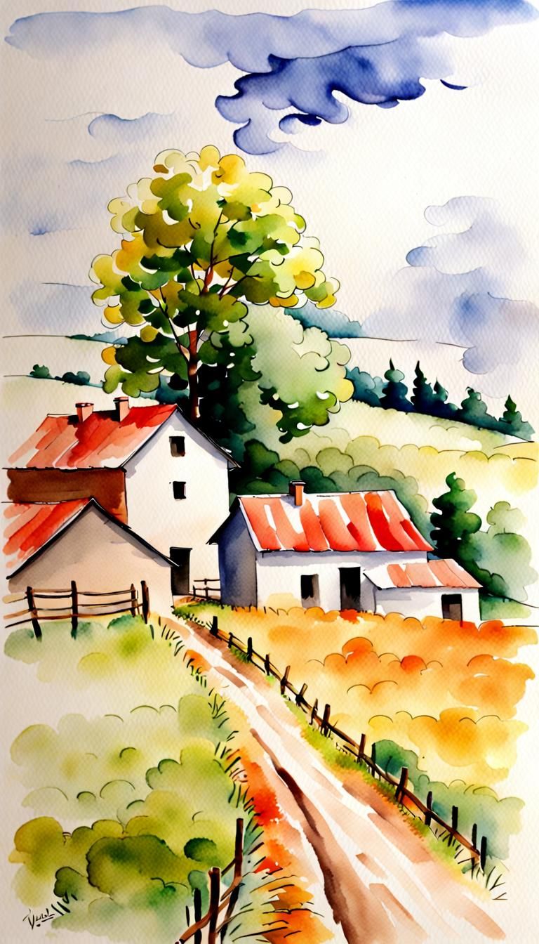 Serene Farm Life in Watercolor Style