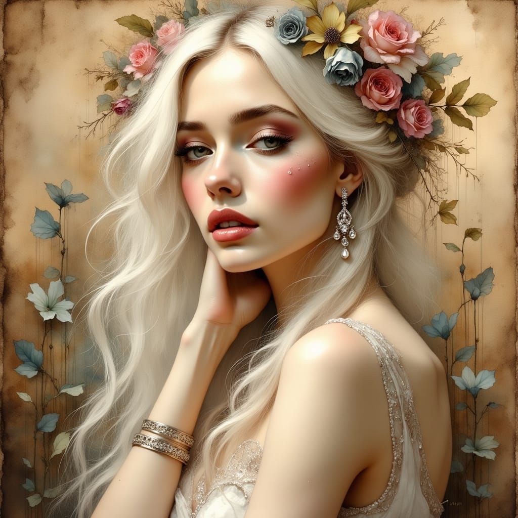 Glamorous Woman in Sunset Hues, Inspired by Klimt and Waterh...