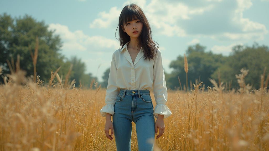 Girl in Bell Bottoms with Dramatic Lighting
