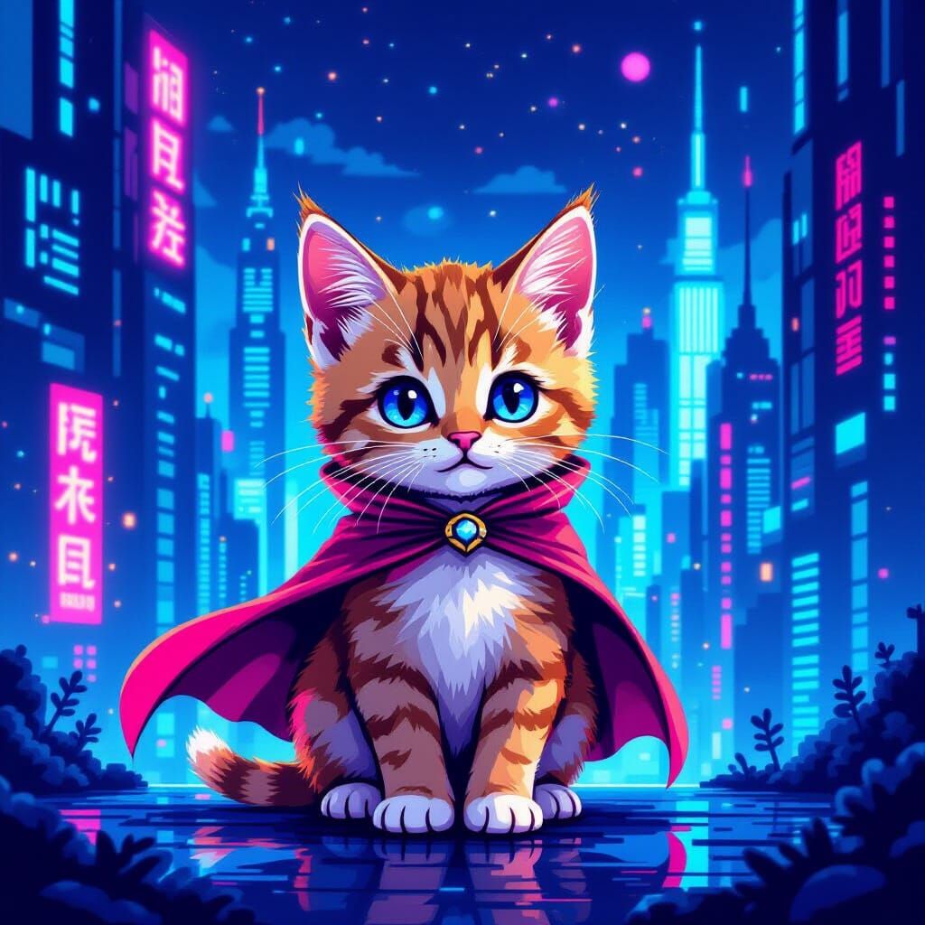 Pixel Art Kitten Hero in Neon Cityscape