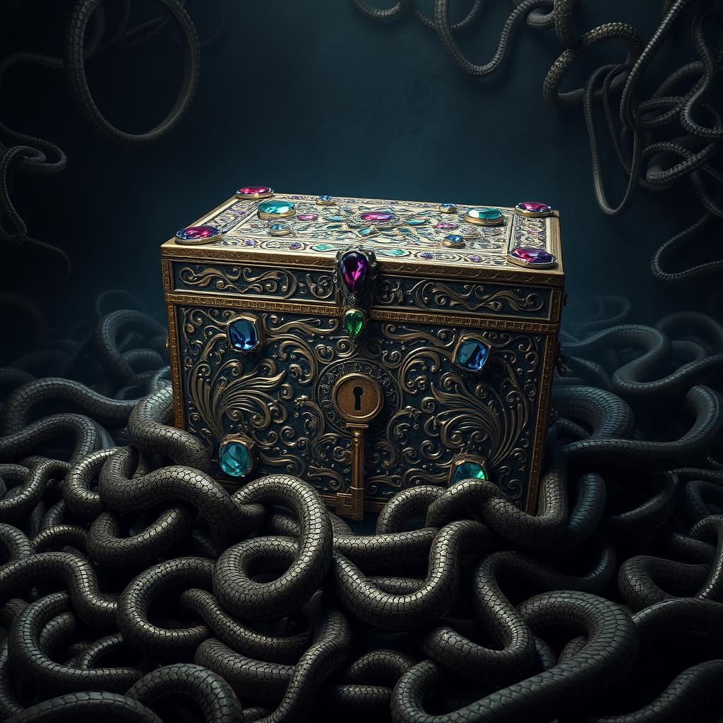 Create a mysterious box decorated with various precious ston...