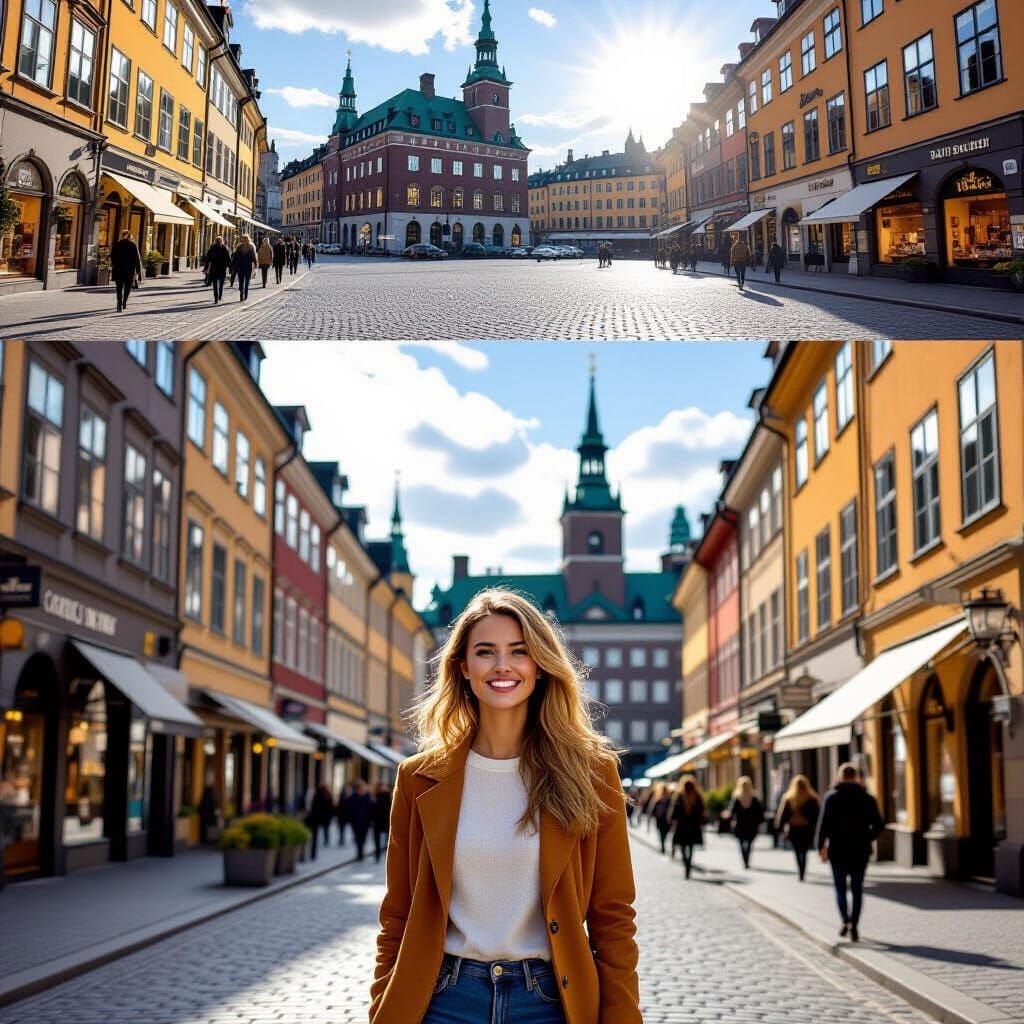 Woman Smiling on Stockholm Street at Golden Hour