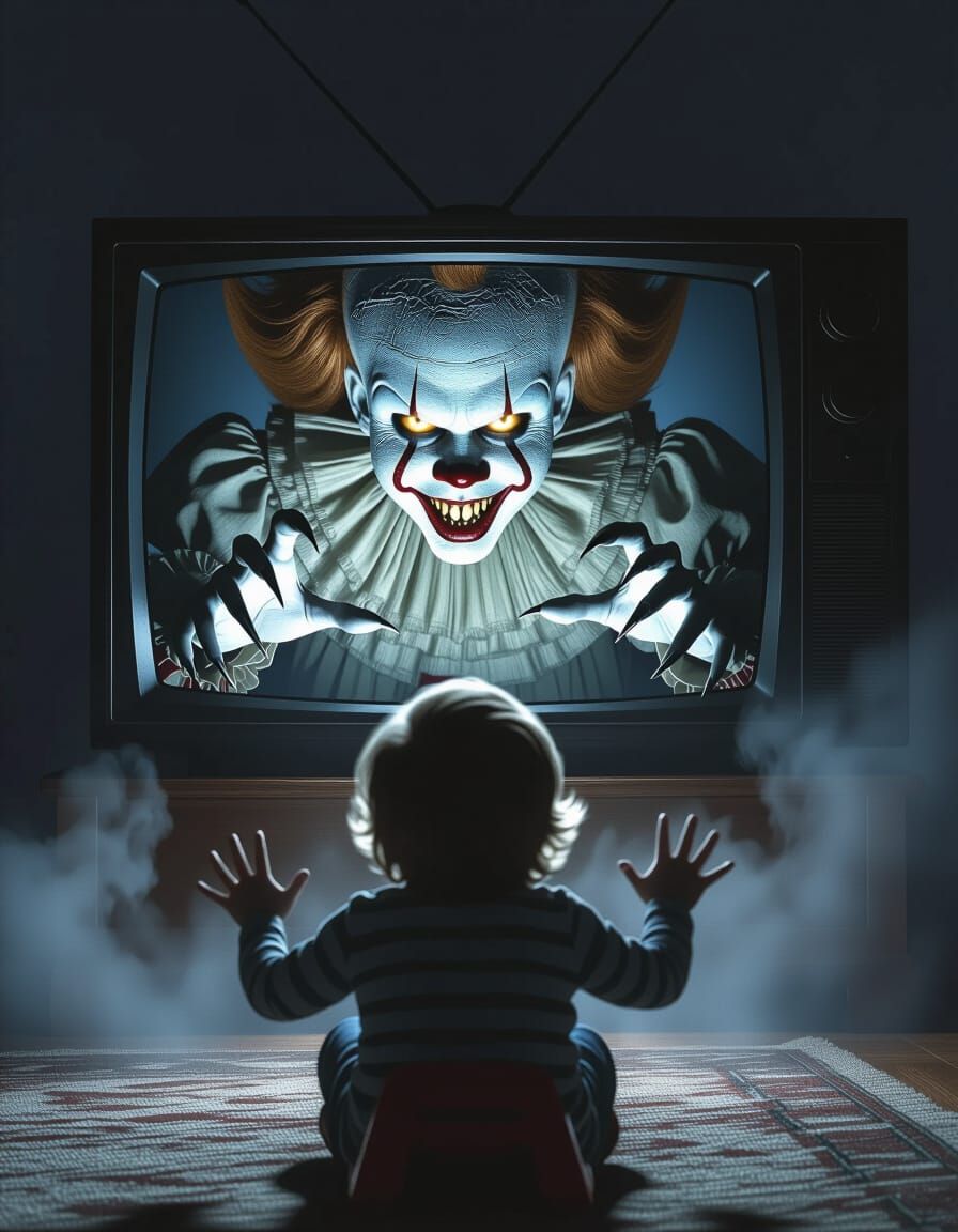 Child Terrified by Clown Emerging From TV Screen