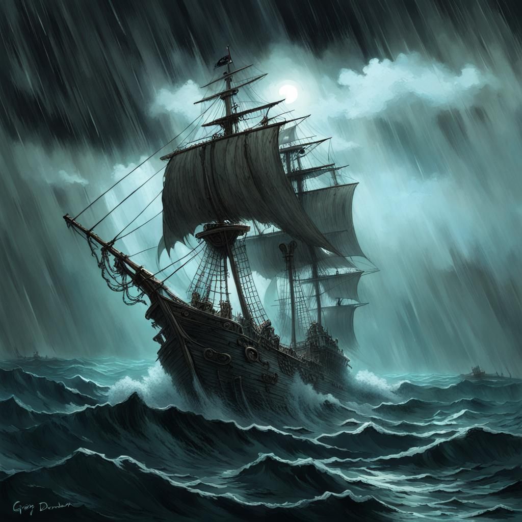 Ghost Pirate Ship in Rainy Ocean Horror