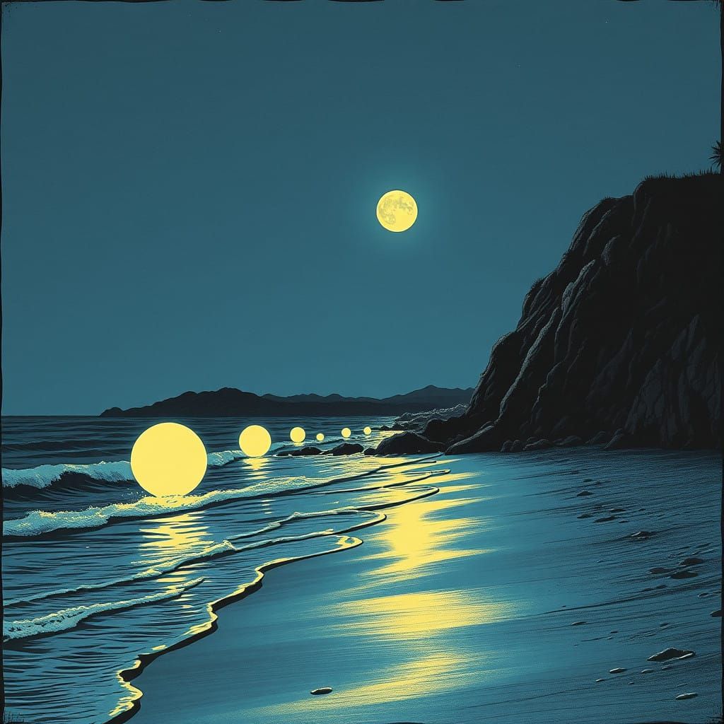 Surreal Nighttime Beach Scene with Luminous Orbs in Vintage...