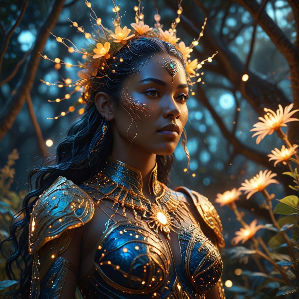 Warrior Goddess Amidst Bioluminescent Flora in Golden Hour
