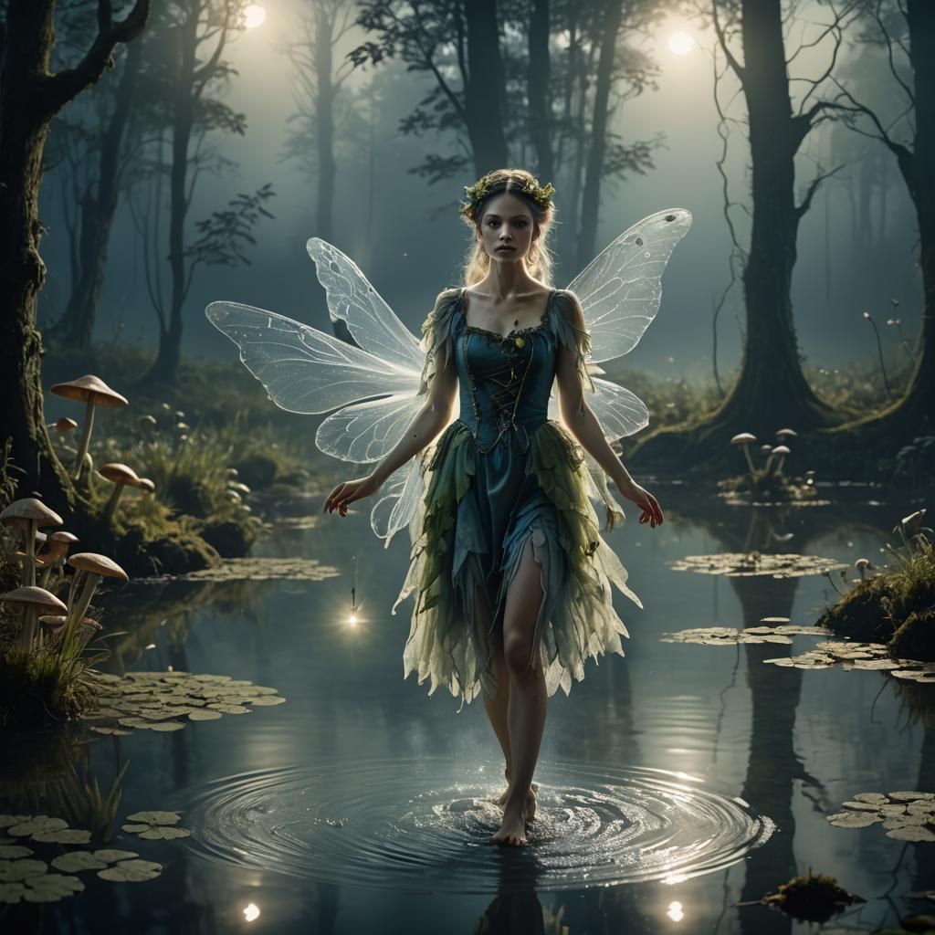 Ethereal Mist Fairy Walking on Forest Pond