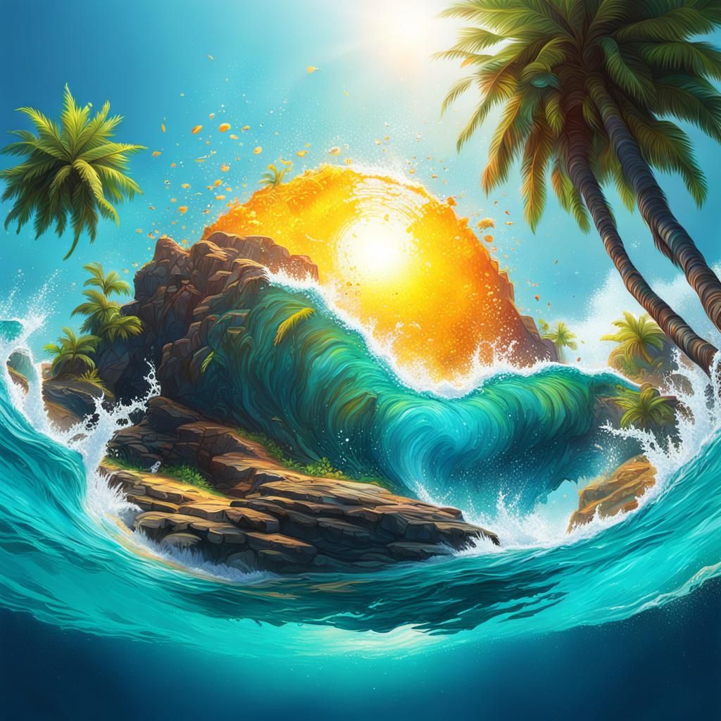 Vibrant Island Oasis in Hyperrealistic Splash Art