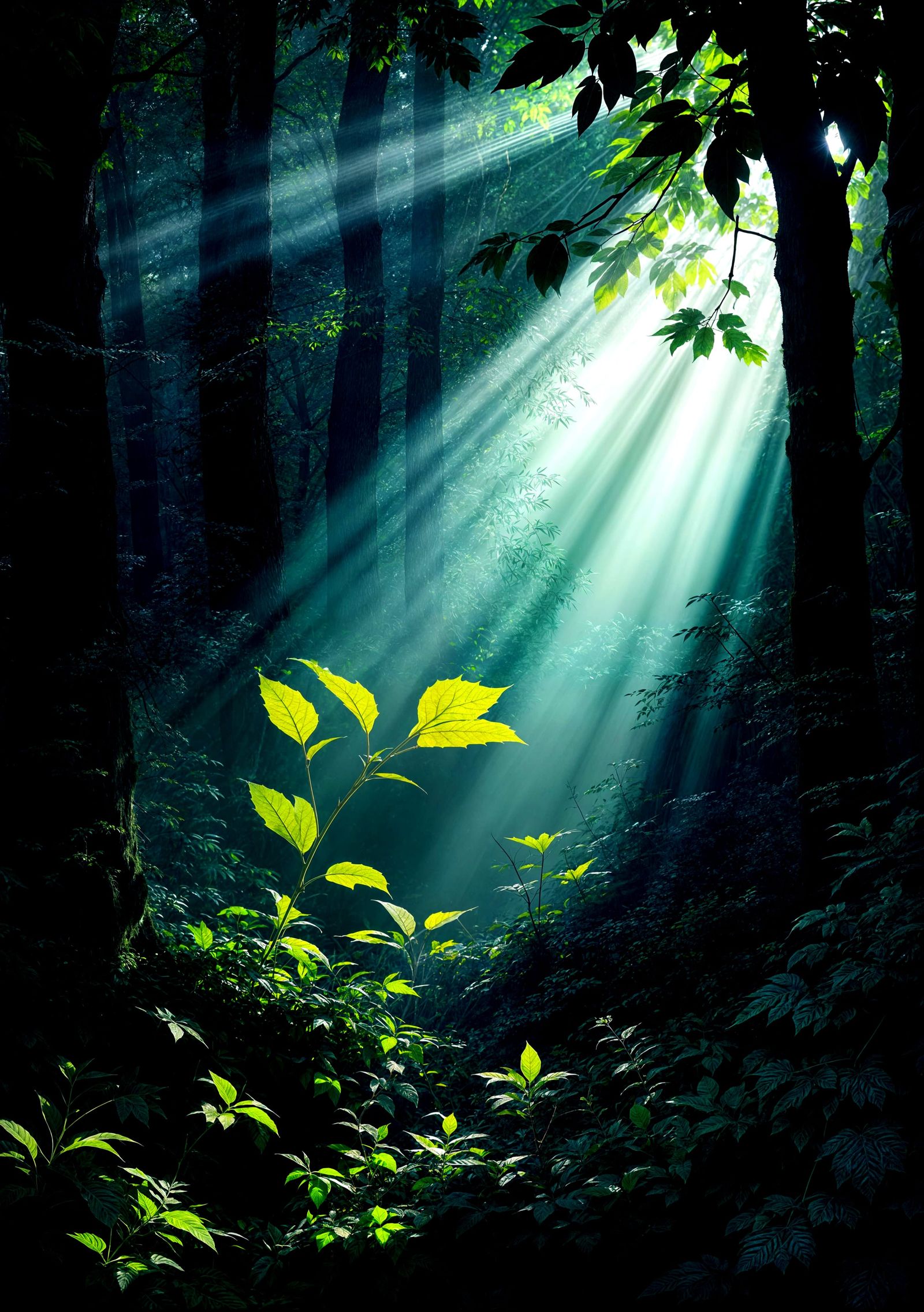 Sunlight Beam in Dark Forest Illuminating Leaf