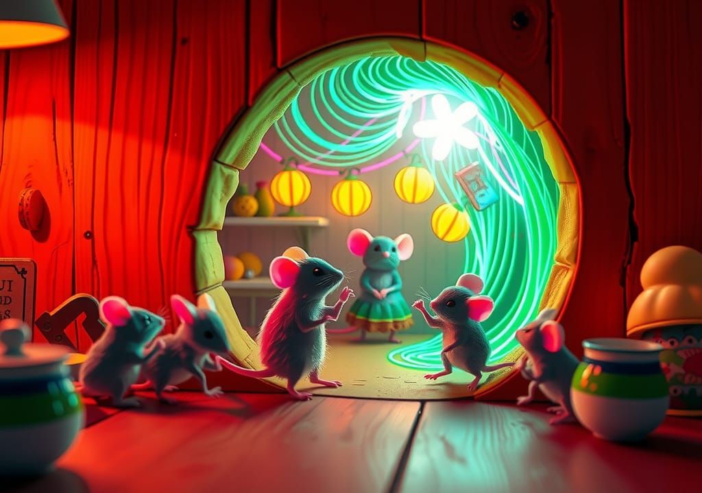 Mouse Party in Fluorescent Light, Cartoon Style
