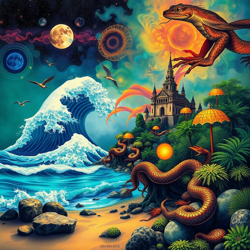 Fractal Expressionist Seaside Scene in Leonora Carrington St...