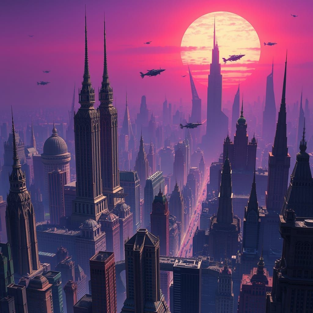 Surreal Art Deco Cyberpunk Megacity at Sunset