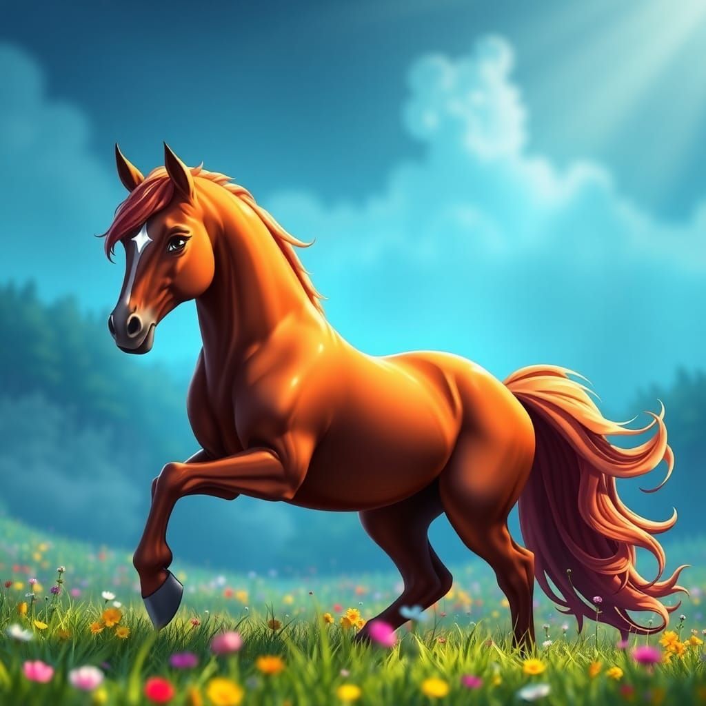 Majestic Chestnut Horse in 80s Cartoon Style