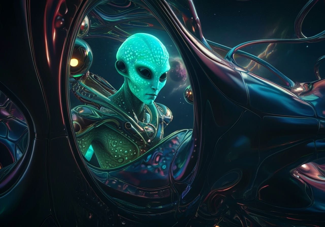 Surreal Cosmic Pilot in Bioluminescent Spaceship