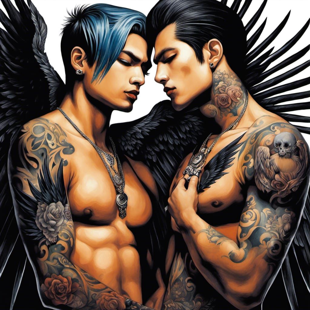 Gothic Angels in Love: An Acrylic Painting