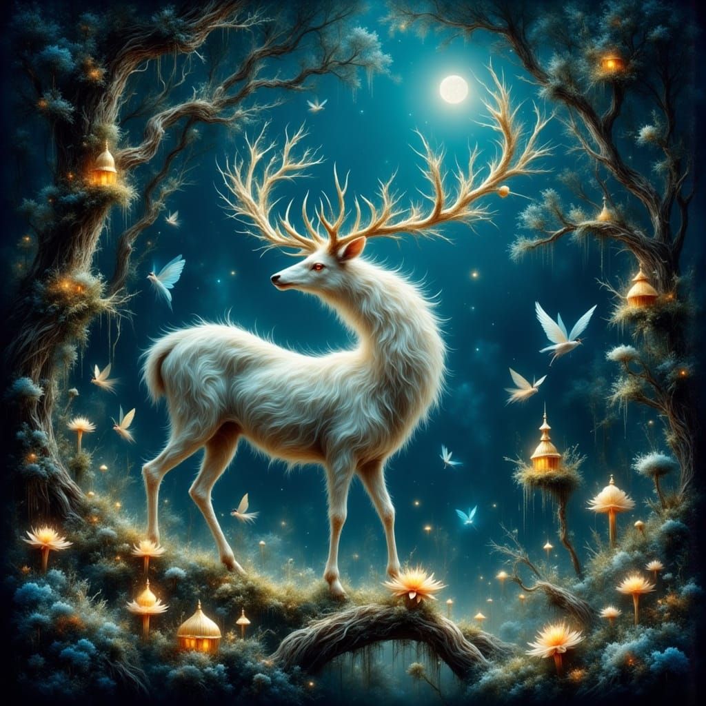 Enchanted Stag Guardian of Fairy Village Night Scene