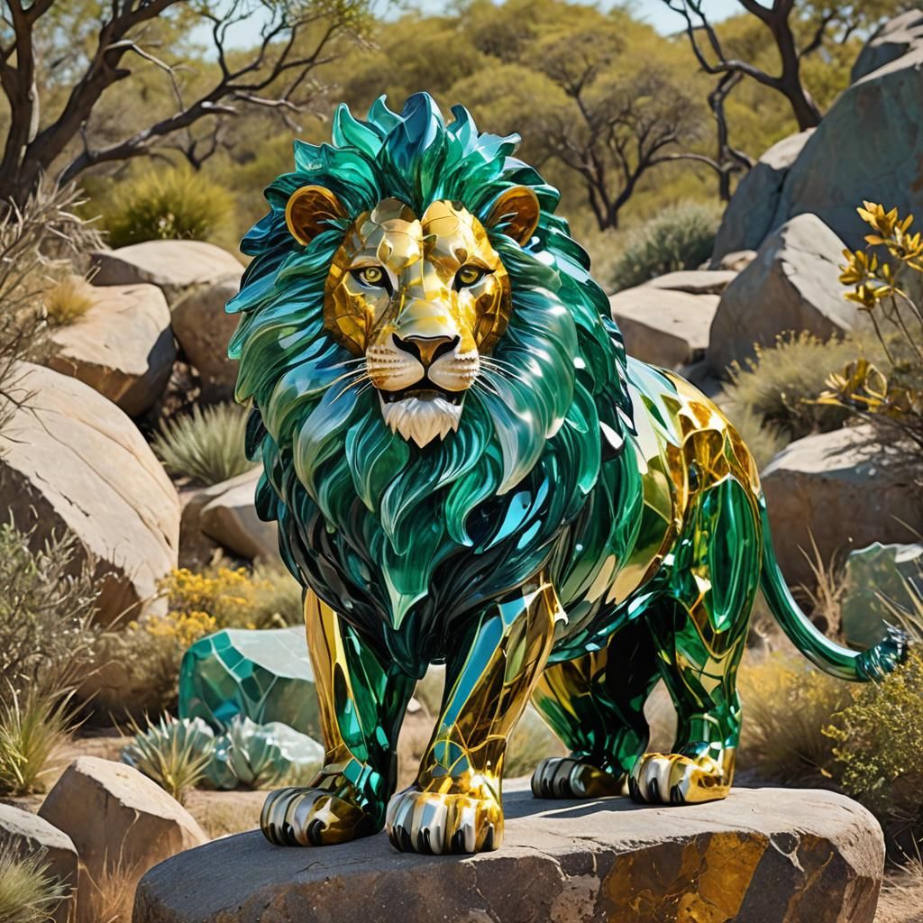 Emerald and Citrine Glass Lion Overlooking Savanna