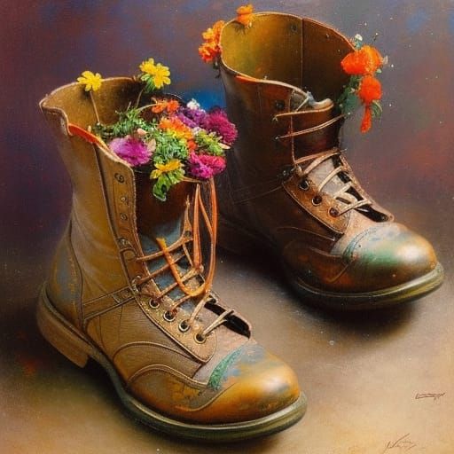 Flowers Bloom in Abandoned Boots: Fairytale Illustration