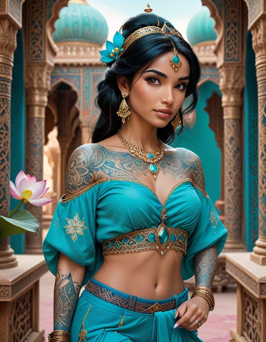 Arabian Princess with Intricate Tattoos in Traditional Art S...