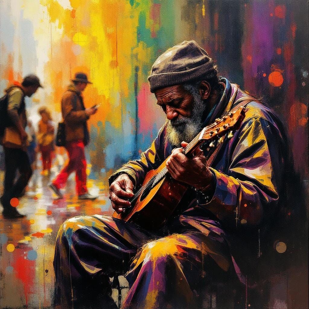 Street Musician in Gouache Style, NYC