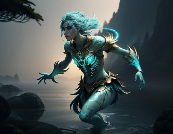 Female Amphibioid at Misty Lake in 3D Art