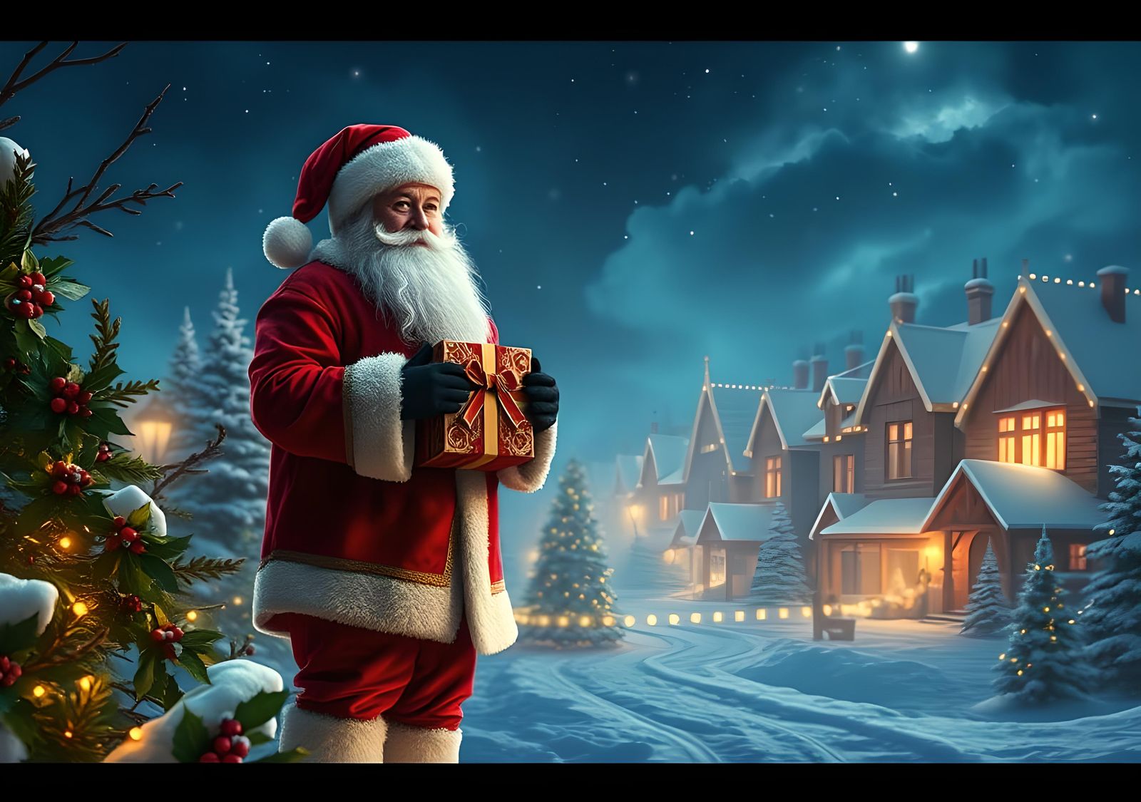 Festive Christmas Scene with Santa Claus and Gift