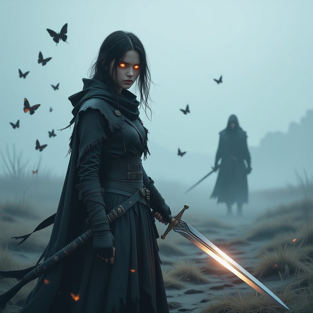 Teenage Girl in Wasteland with Sword, Dark Fantasy Art