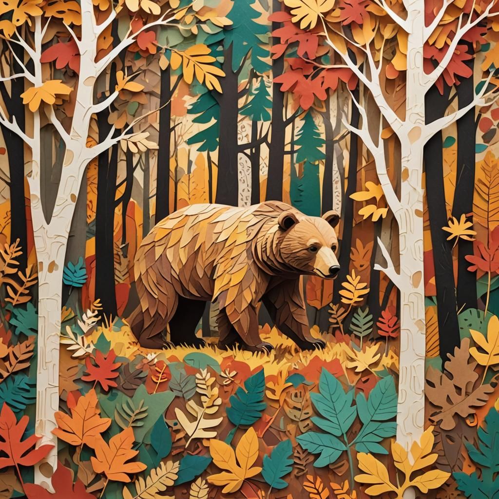 Paper Bear in Autumn Forest, Matisse Style