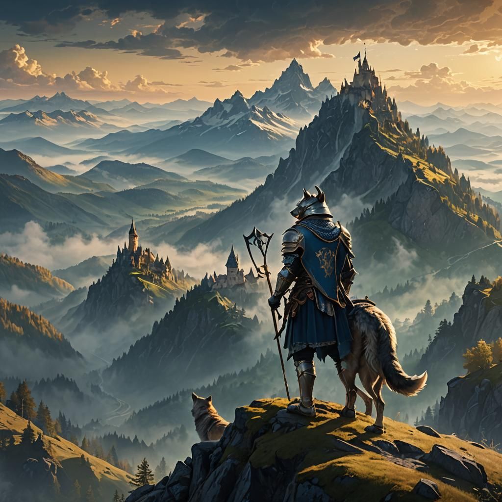 Bavarian Knight and Wolf on Mountain Peak