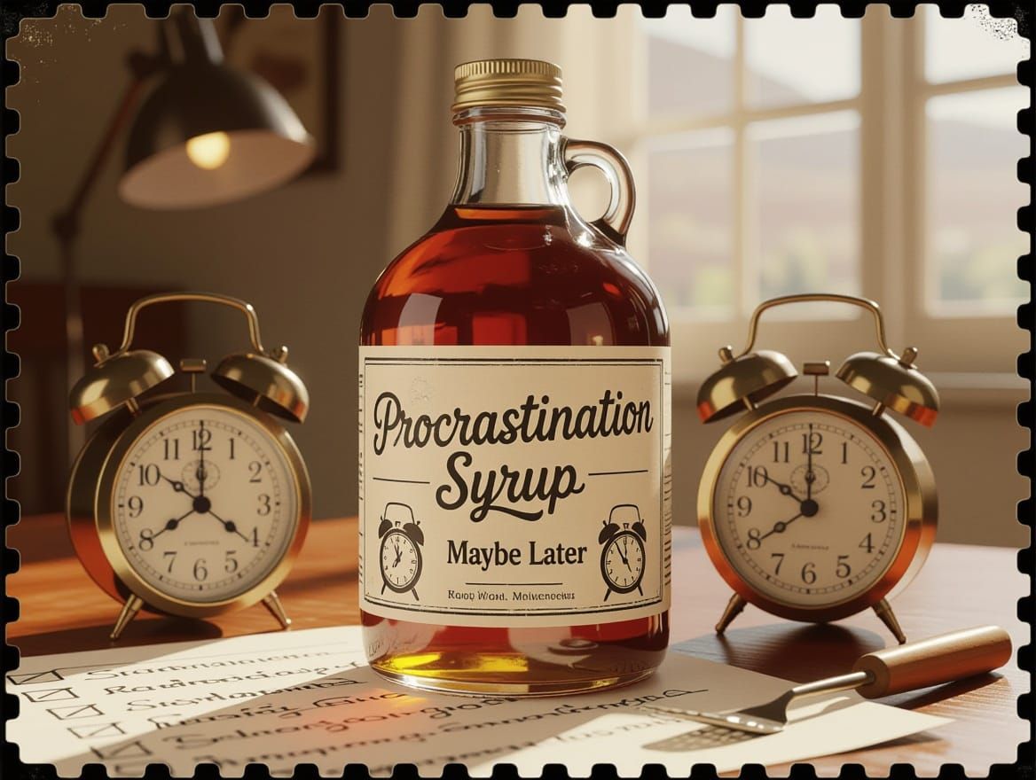 Quirky Bottle with Procrastination Syrup in Wes Anderson-Ins...